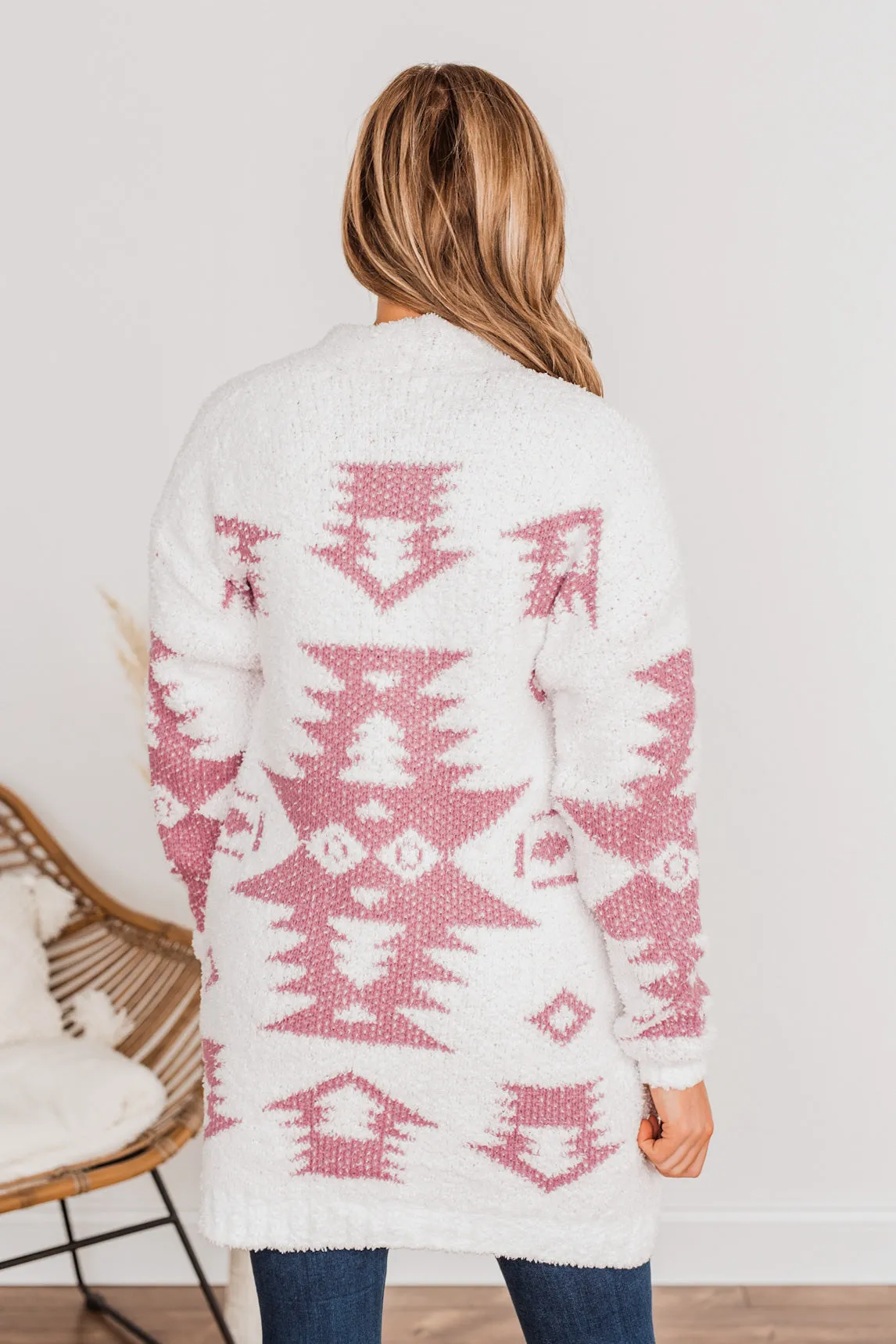 A Blanket Of Love Aztec Knit Cardigan- Ivory & Pink