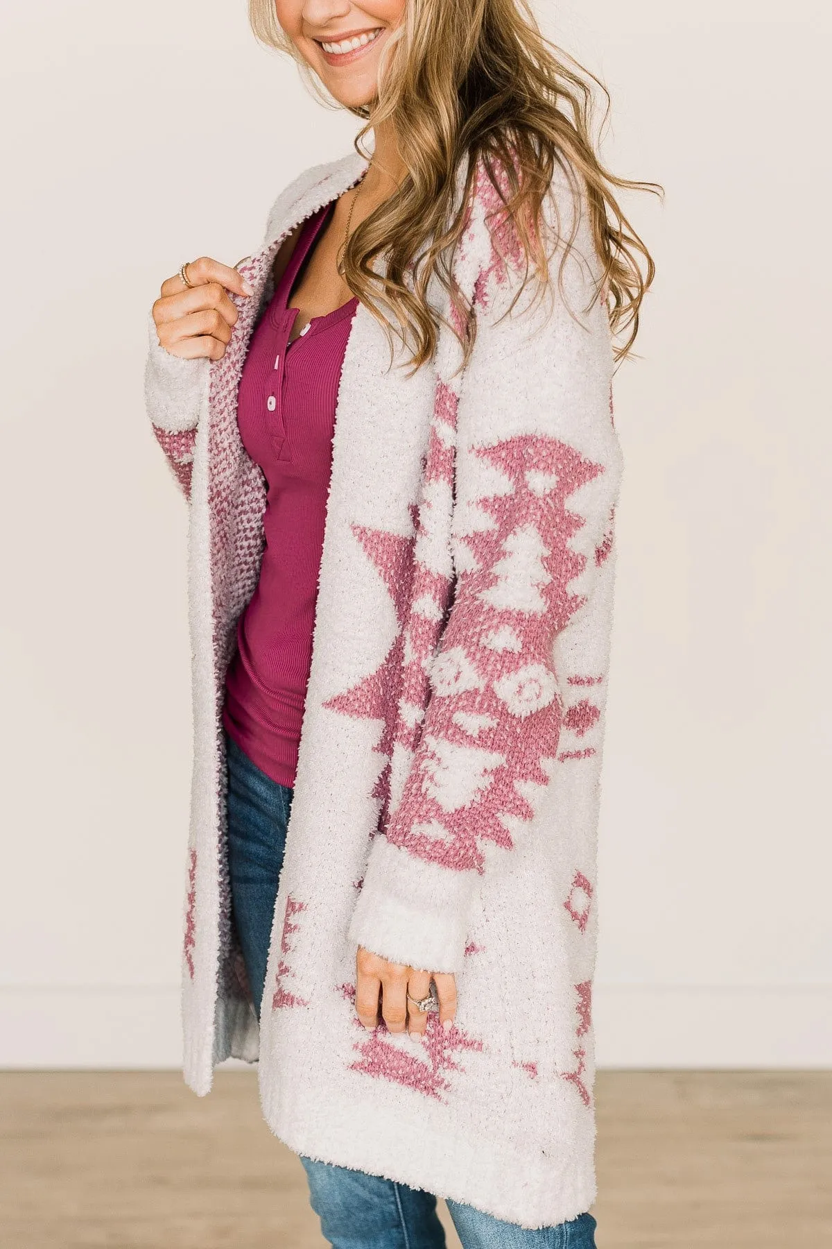 A Blanket Of Love Aztec Knit Cardigan- Ivory & Pink