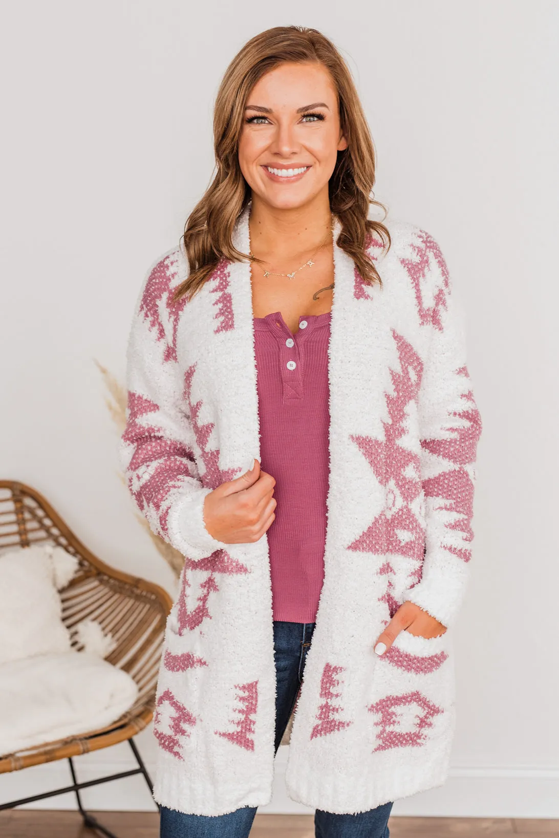 A Blanket Of Love Aztec Knit Cardigan- Ivory & Pink