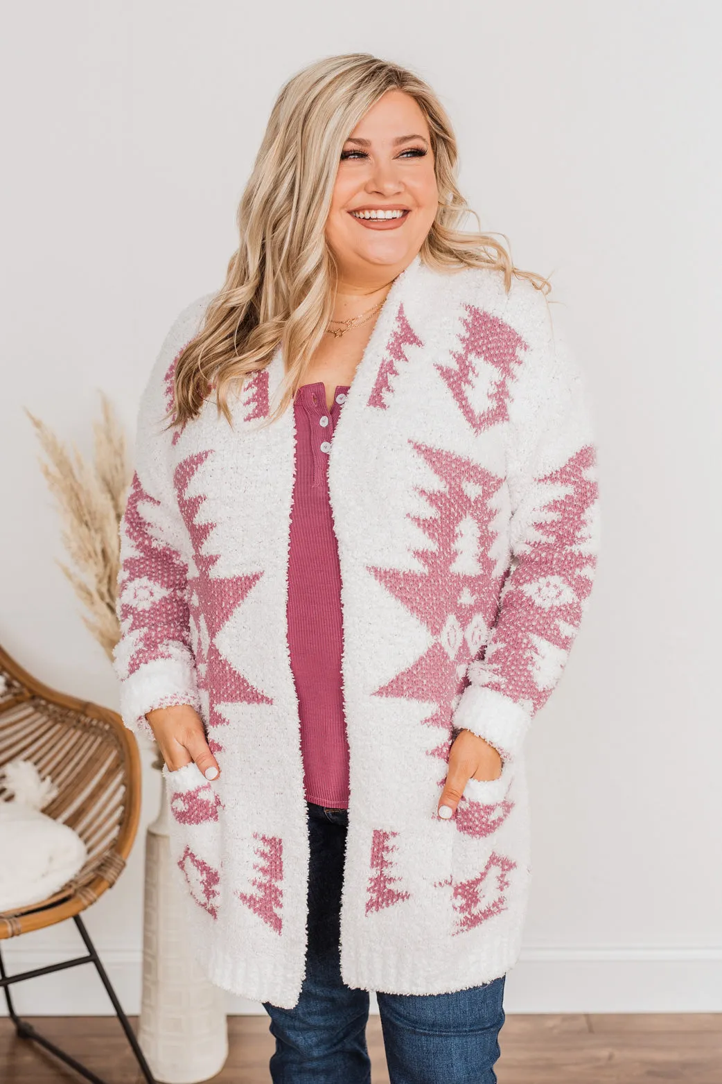 A Blanket Of Love Aztec Knit Cardigan- Ivory & Pink