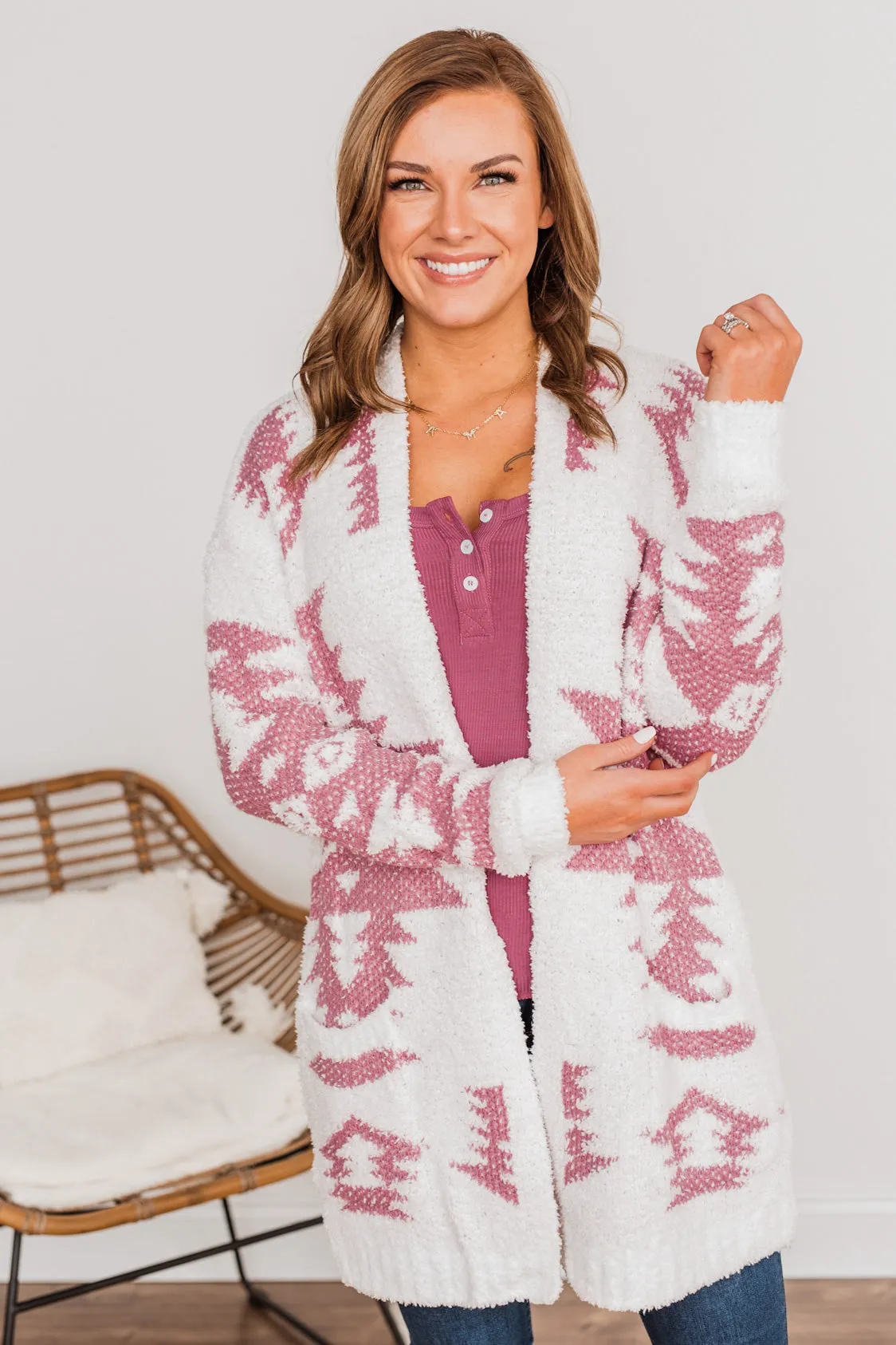 A Blanket Of Love Aztec Knit Cardigan- Ivory & Pink