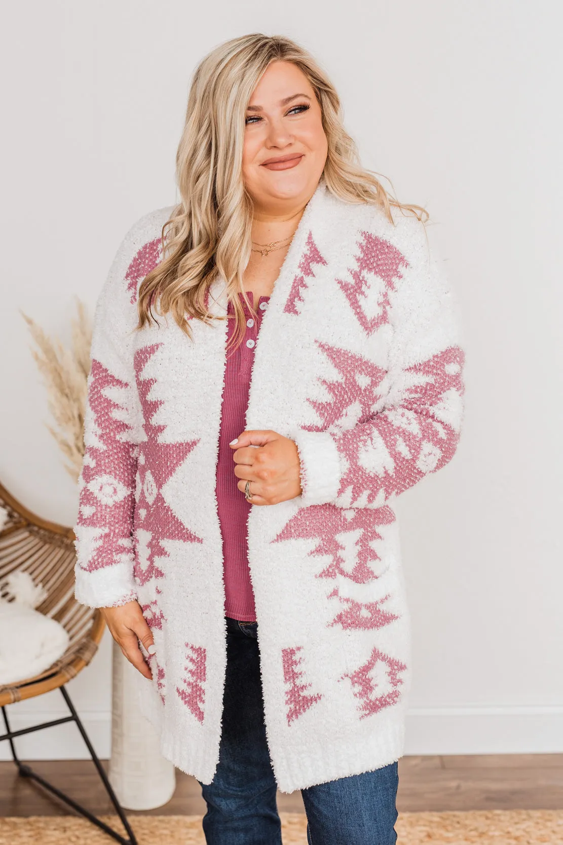 A Blanket Of Love Aztec Knit Cardigan- Ivory & Pink