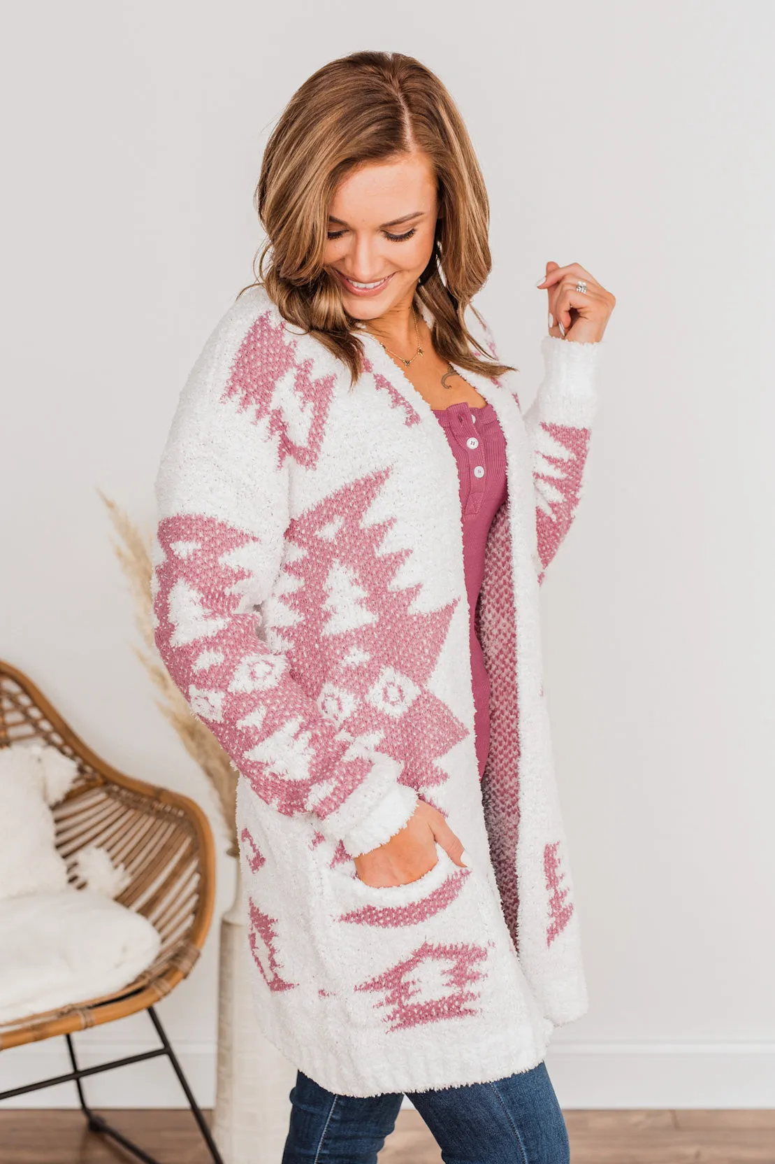 A Blanket Of Love Aztec Knit Cardigan- Ivory & Pink