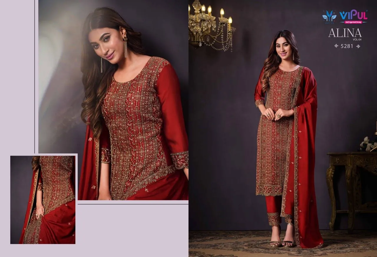 ALINA VOL-4 ,Brick Red  Shade   Semi stitch Salwar suit Material for women-SSS001SSABR