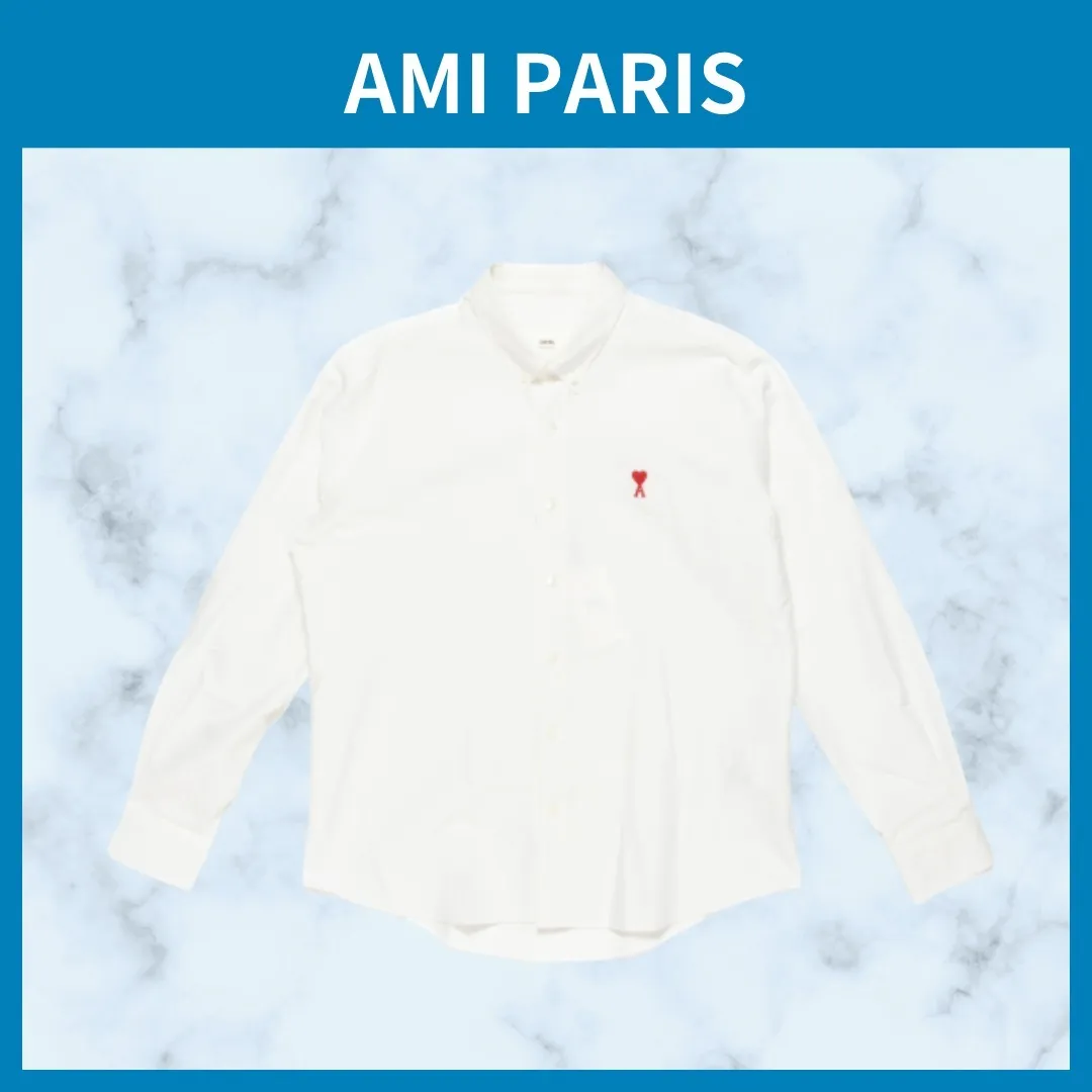 AMI PARIS  |Long Sleeves Plain Cotton Logo Designers Shirts