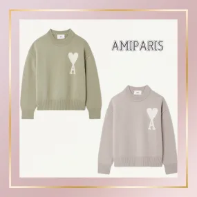 AMI PARIS  |Wool Long Sleeves Plain Logo V-neck & Crew neck