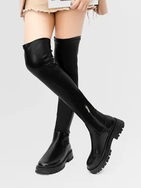 Black Elastic Boots Women Round ToeOver The Knee Boots