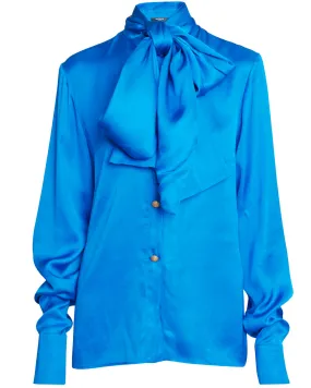 Cobalt Satin Tie Neck Button Up Shirt