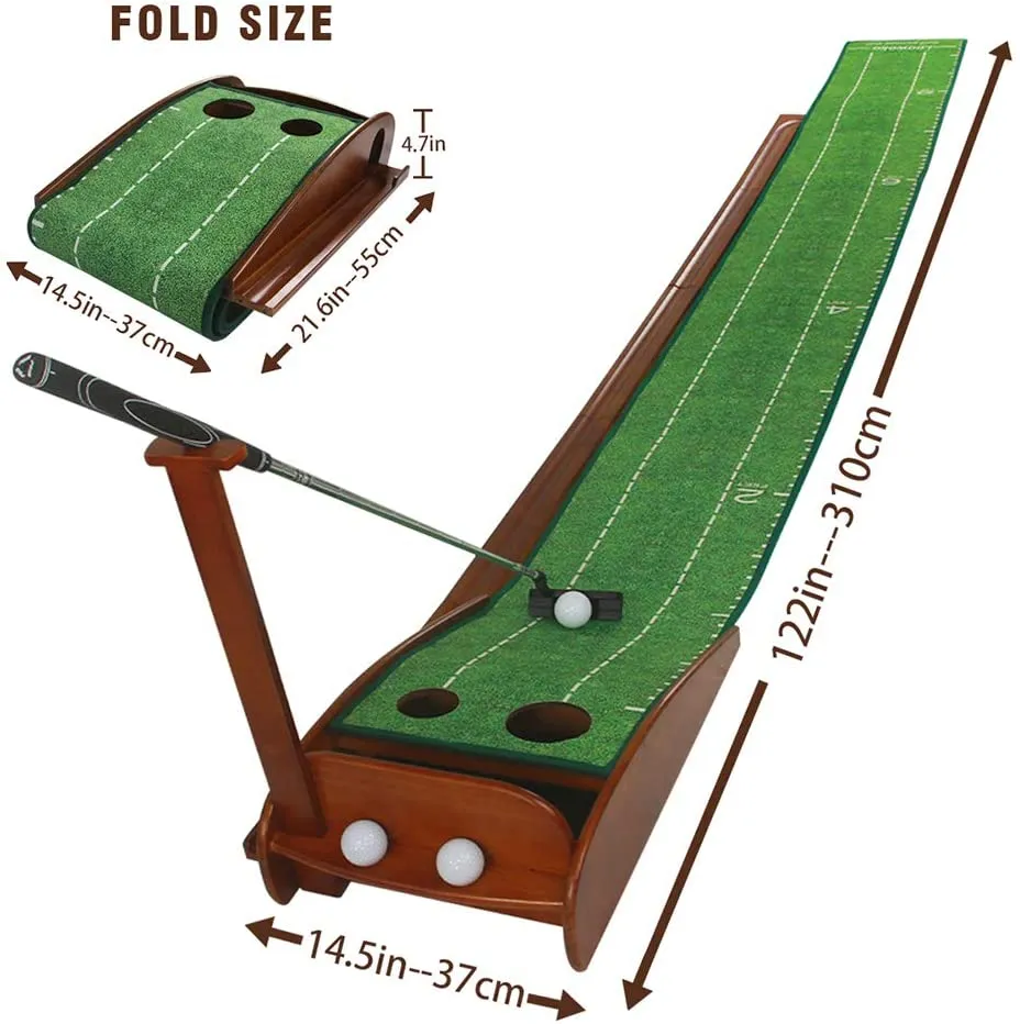 Deluxe Wood Golf Putting Green - Auto Ball Return & Putter Included