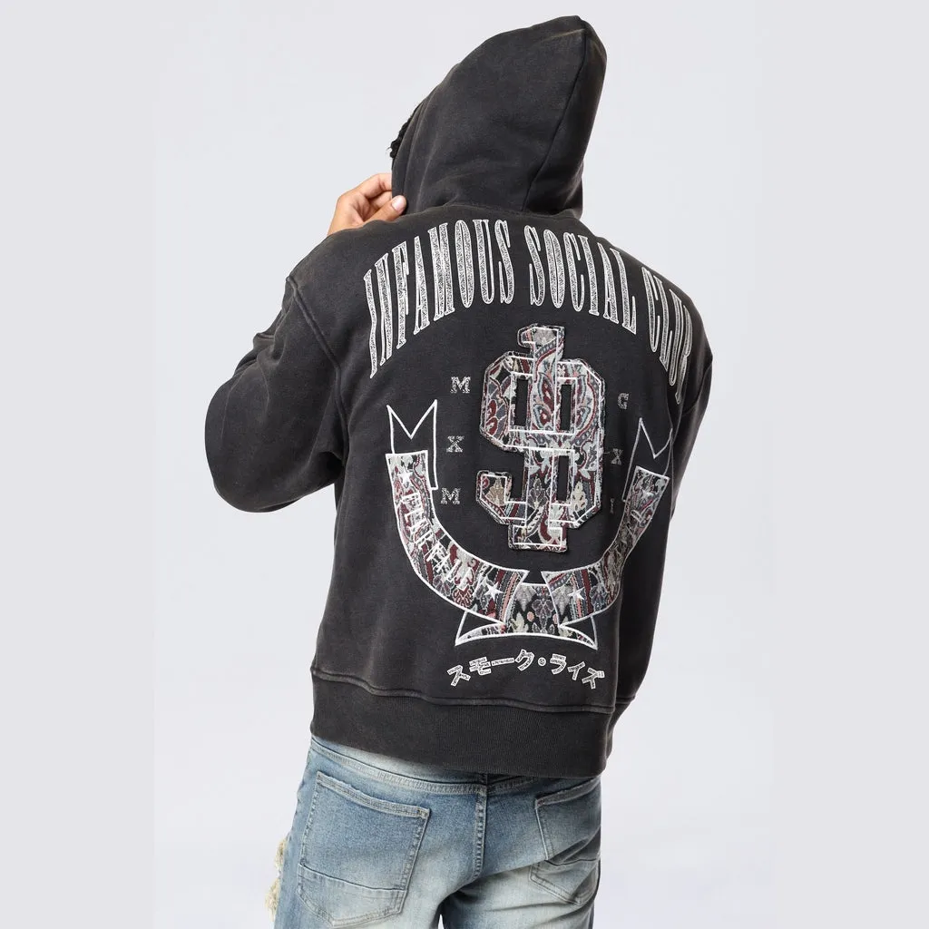 Dropped Shoulder Tapestry Varsity Hoodie - Black