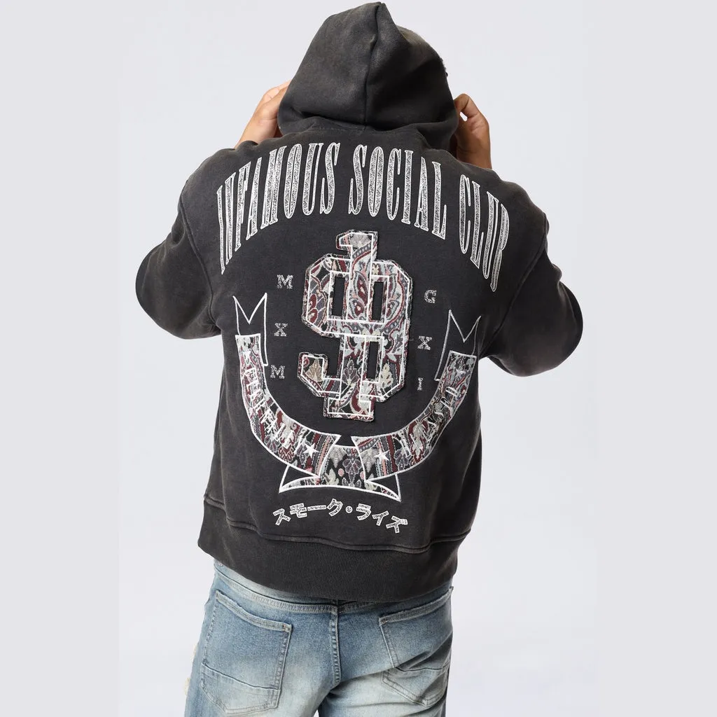 Dropped Shoulder Tapestry Varsity Hoodie - Black