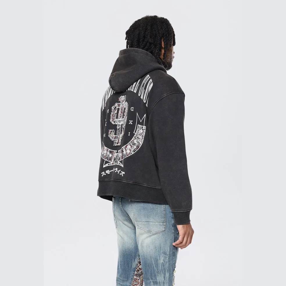 Dropped Shoulder Tapestry Varsity Hoodie - Black