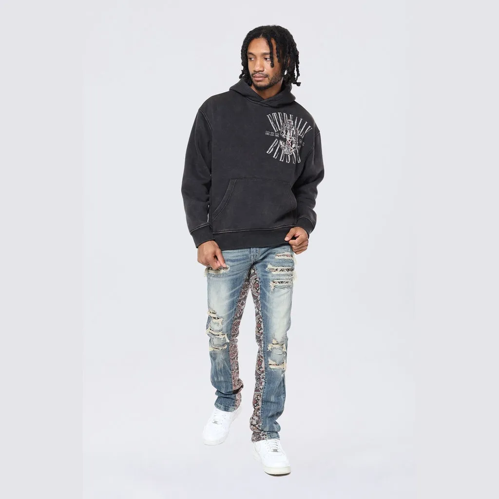 Dropped Shoulder Tapestry Varsity Hoodie - Black