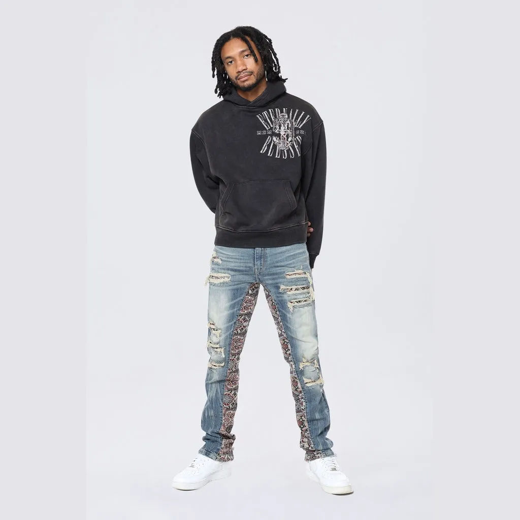 Dropped Shoulder Tapestry Varsity Hoodie - Black