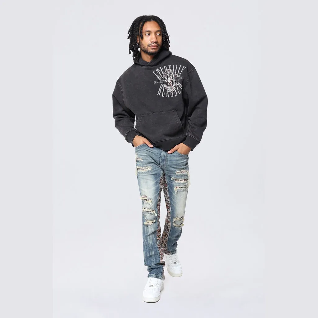 Dropped Shoulder Tapestry Varsity Hoodie - Black