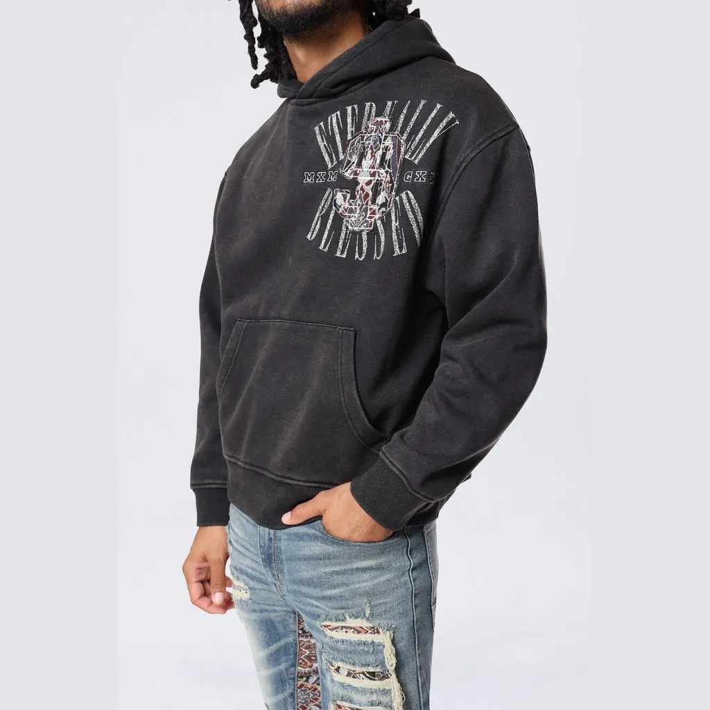 Dropped Shoulder Tapestry Varsity Hoodie - Black