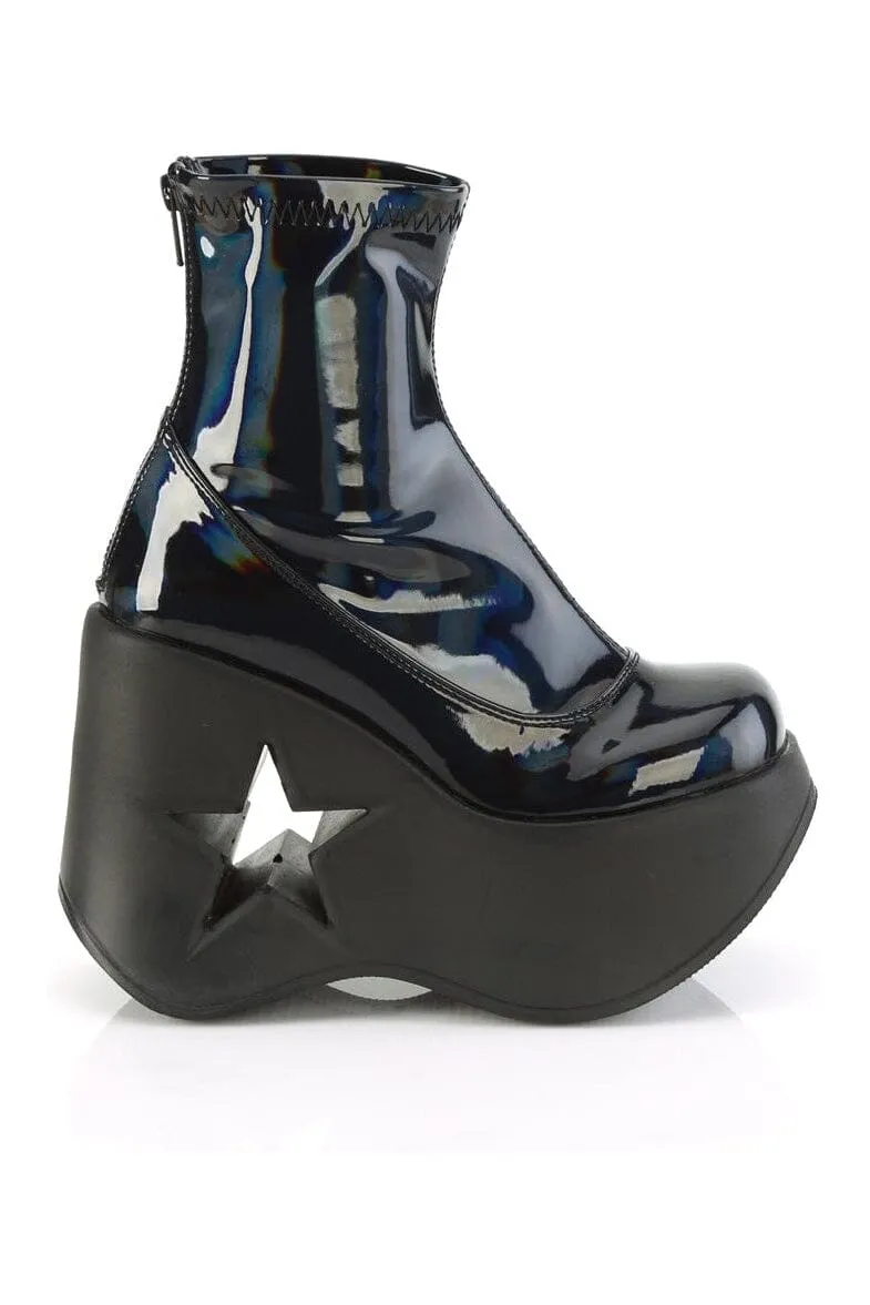 DYNAMITE-100 Black Hologram Patent Ankle Boot