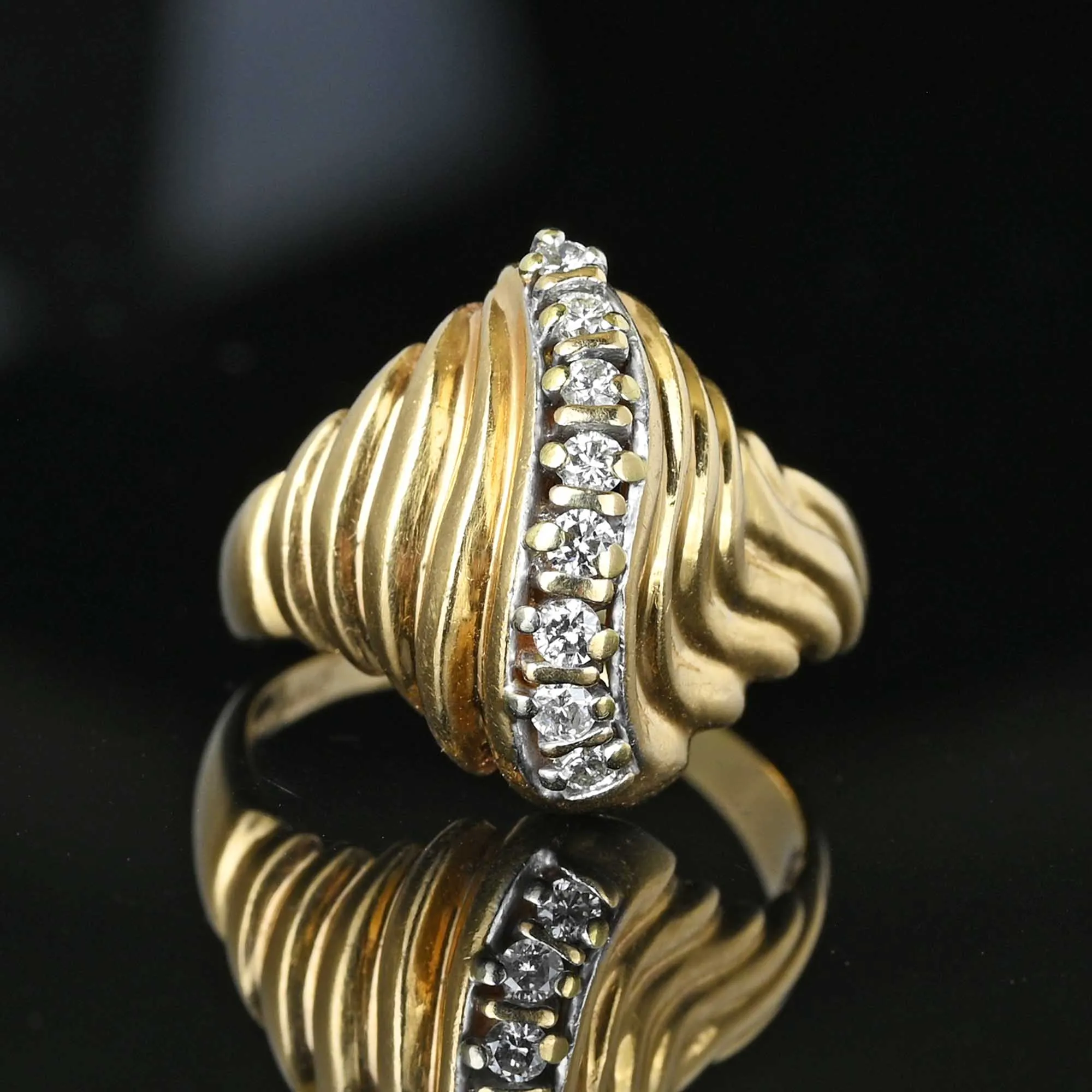 Estate Ribbed 14K Gold Curve Diamond Cocktail Ring