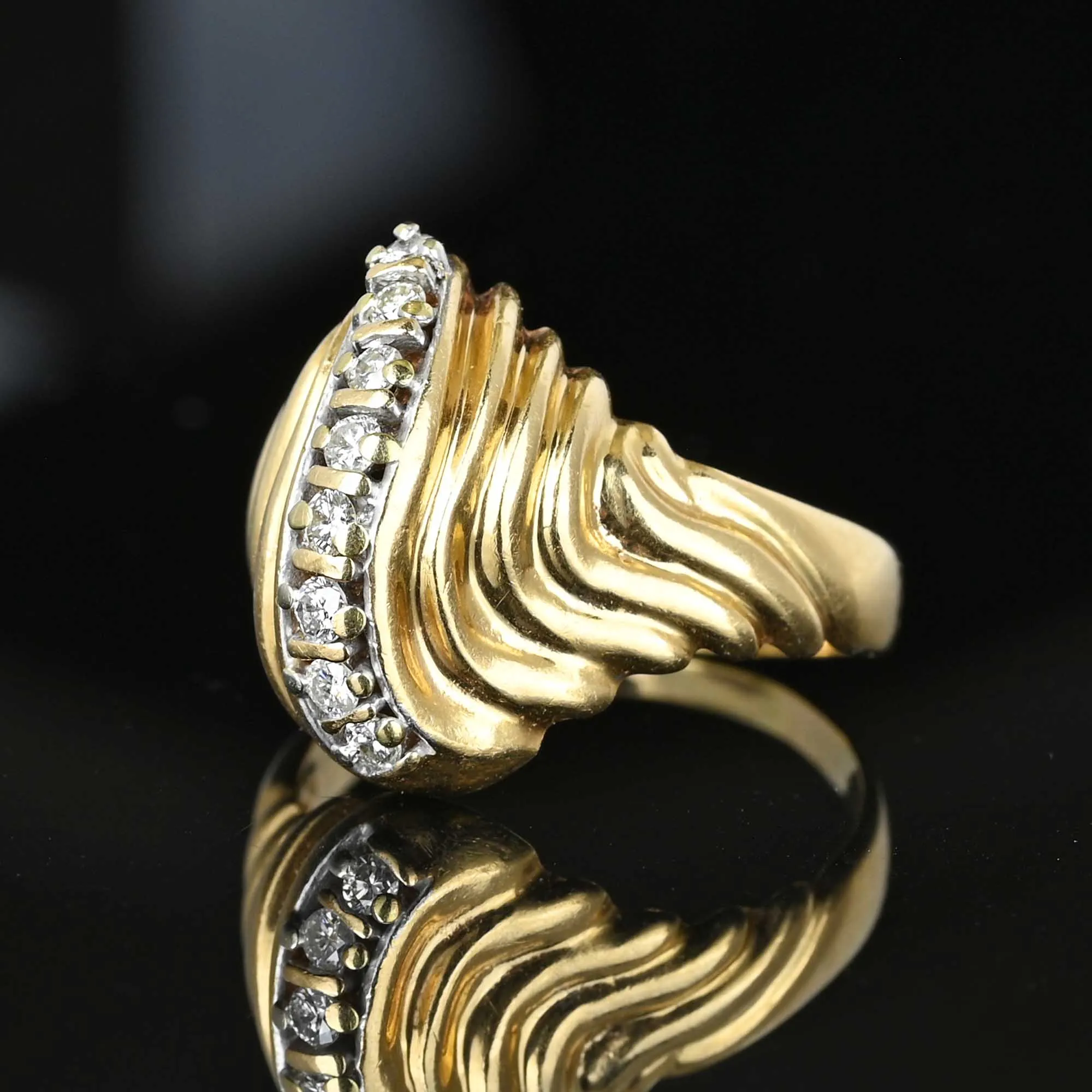 Estate Ribbed 14K Gold Curve Diamond Cocktail Ring