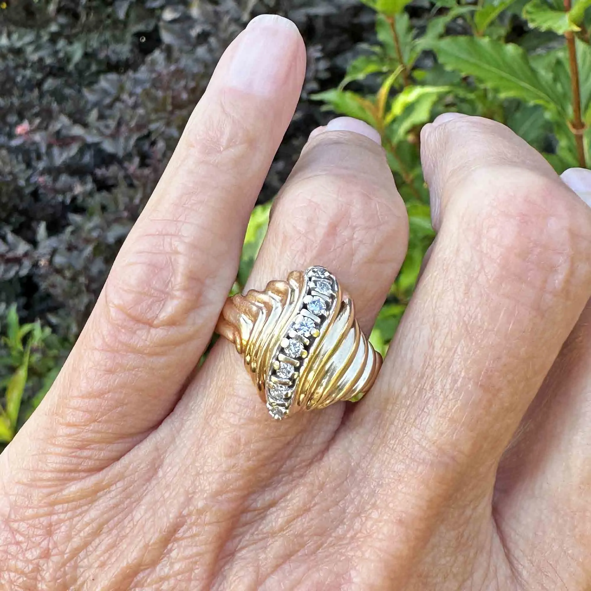 Estate Ribbed 14K Gold Curve Diamond Cocktail Ring