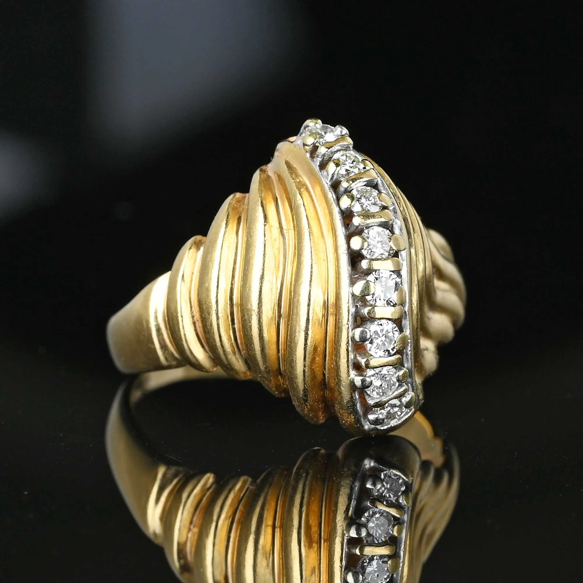 Estate Ribbed 14K Gold Curve Diamond Cocktail Ring