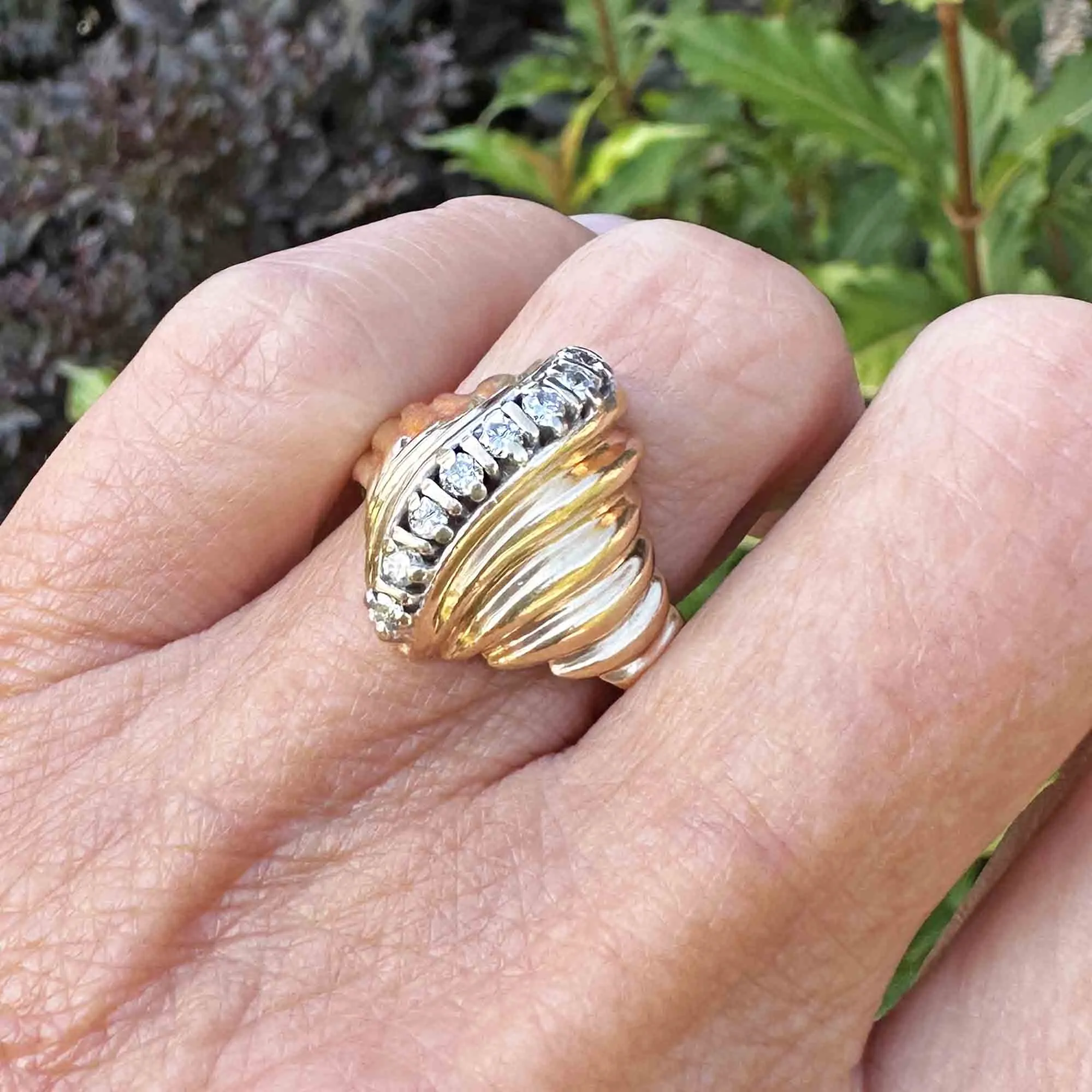 Estate Ribbed 14K Gold Curve Diamond Cocktail Ring