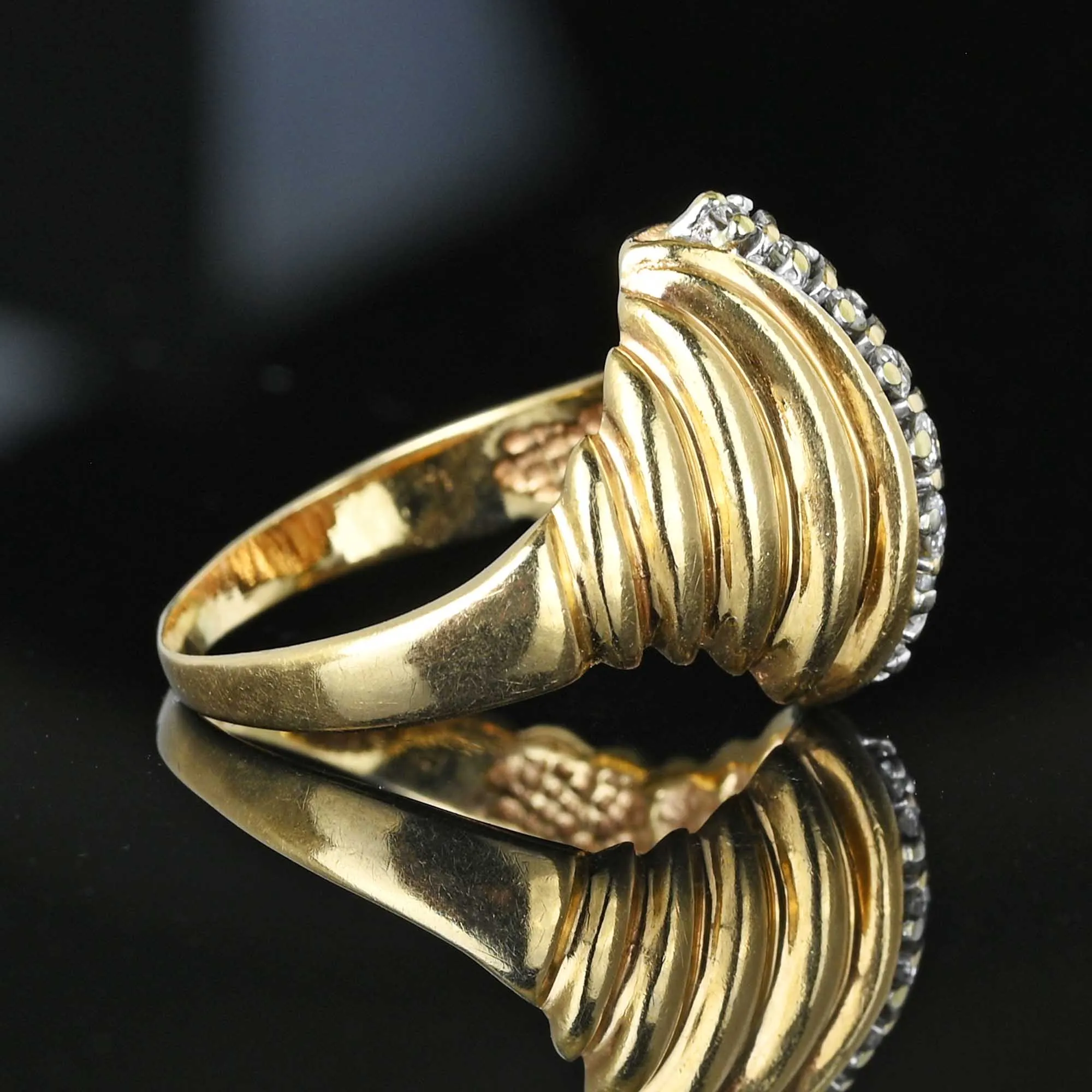 Estate Ribbed 14K Gold Curve Diamond Cocktail Ring