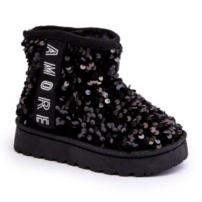 FR1 Children's Snow Boots Insulated with Sequins, Black Rebbica