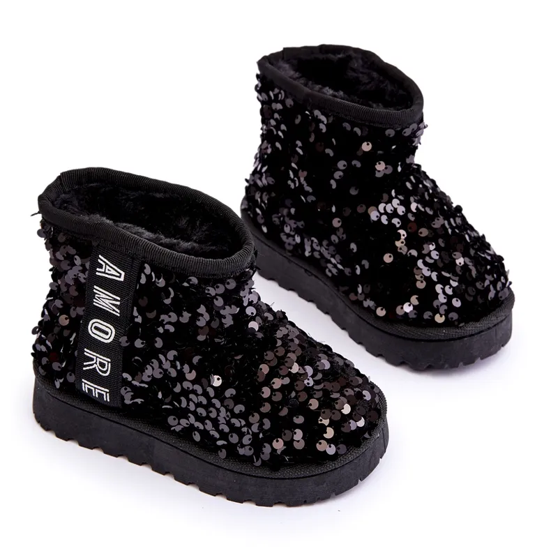 FR1 Children's Snow Boots Insulated with Sequins, Black Rebbica