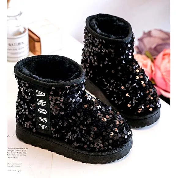 FR1 Children's Snow Boots Insulated with Sequins, Black Rebbica