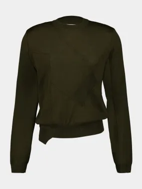 Green Asymmetric Crewneck Virgin Wool Sweater