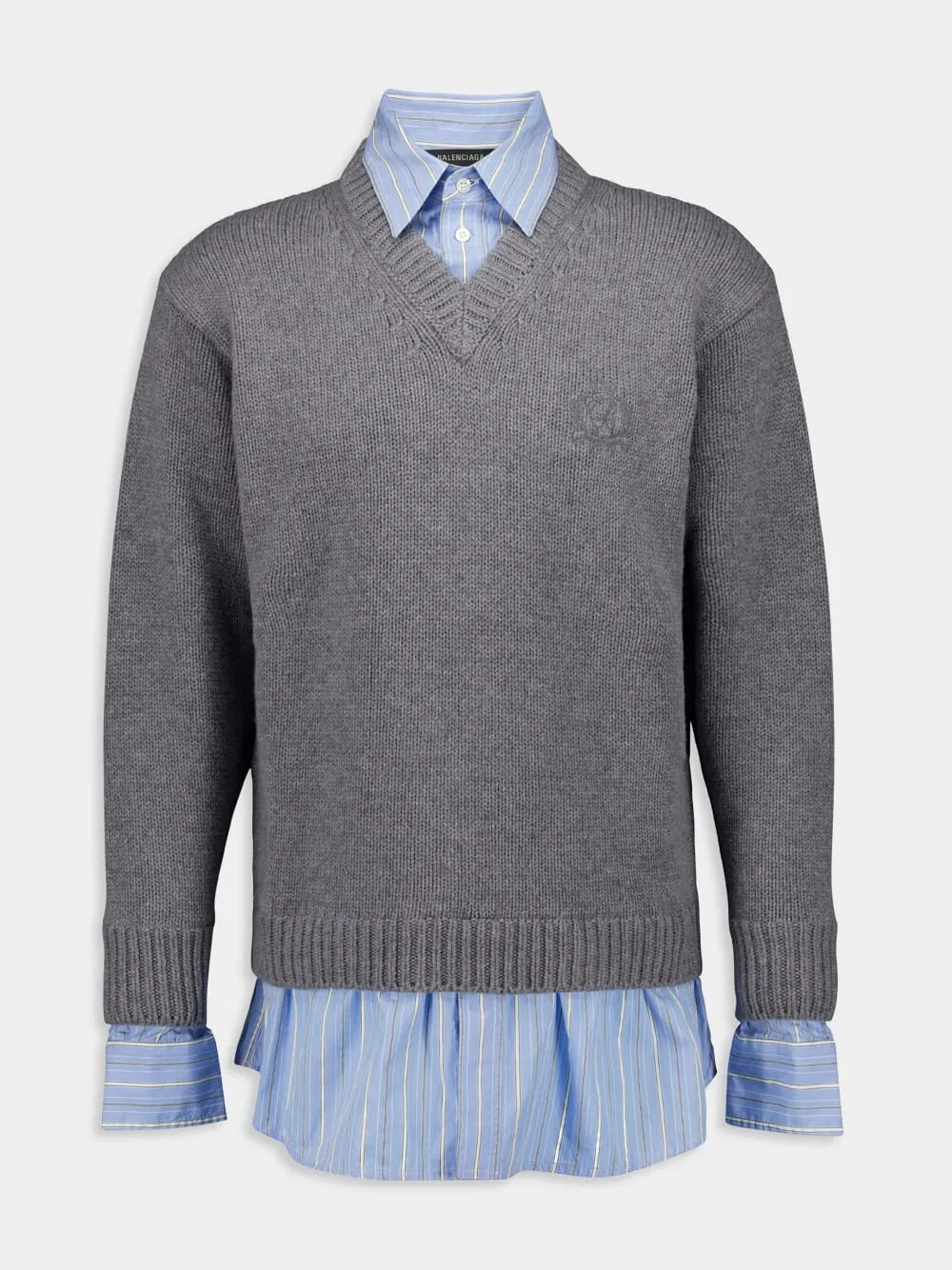 Grey Layered V-Neck Sweater with Poplin Shirt