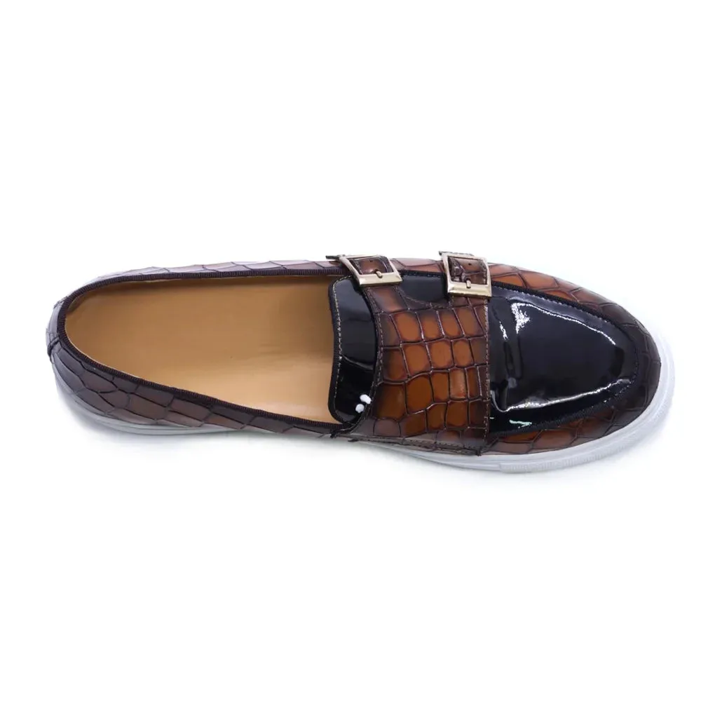 Men's Genuine Leather Double Buckles Monk Strap Slip-On Casual Shoes