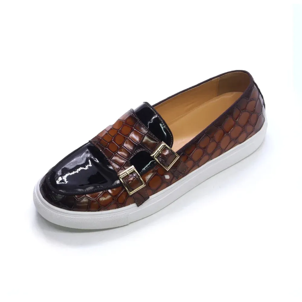 Men's Genuine Leather Double Buckles Monk Strap Slip-On Casual Shoes