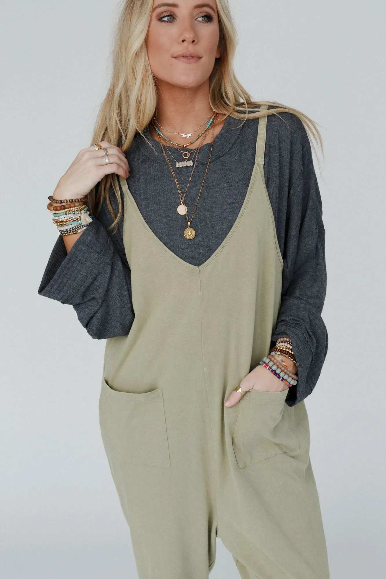 Mitzy V Neck Jumpsuit - Sage