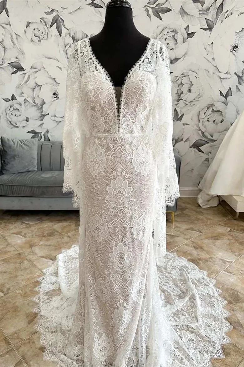 Modest Long Sleeves Lace Sheath Wedding Dress