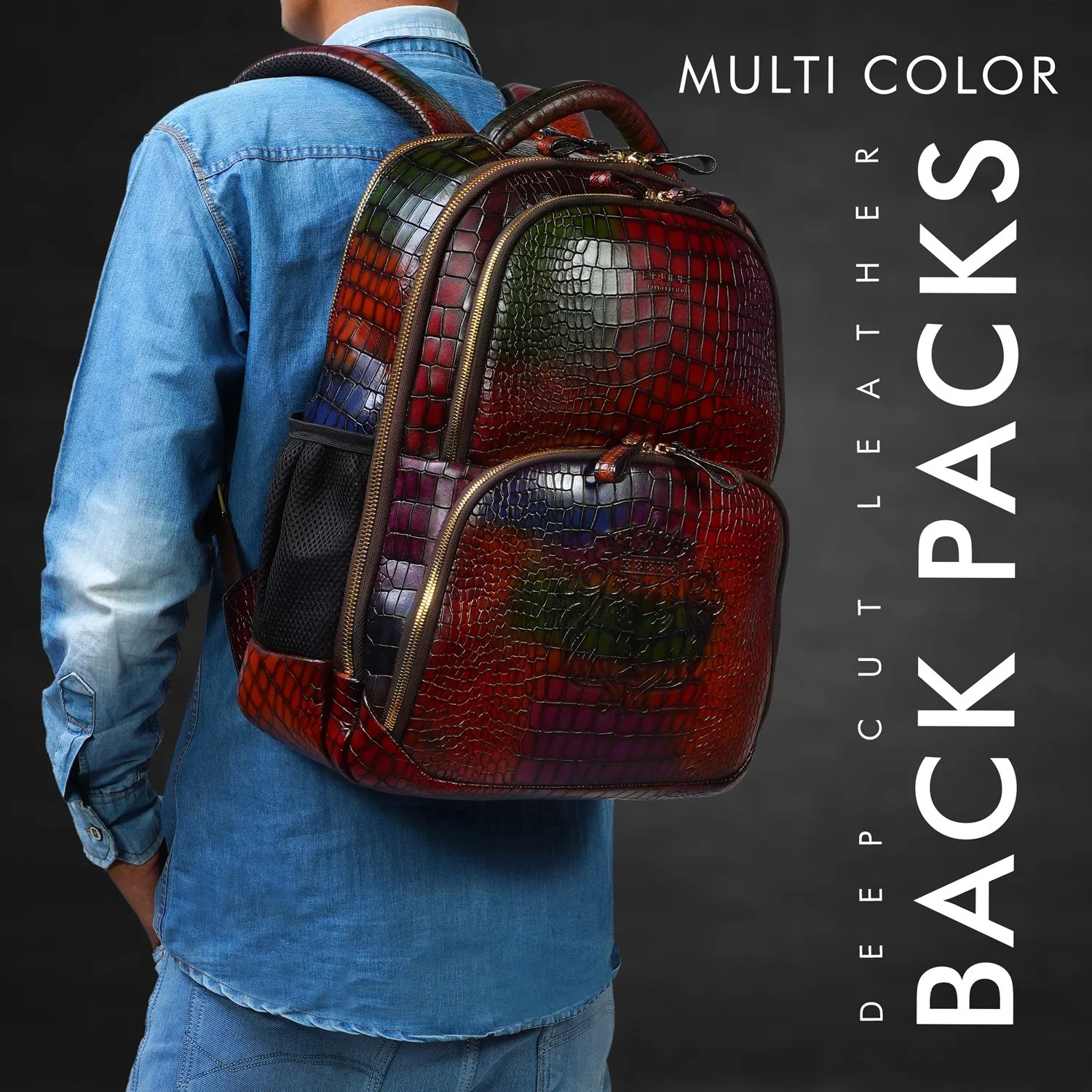 Multi Colored Deep Cut Leather Backpack