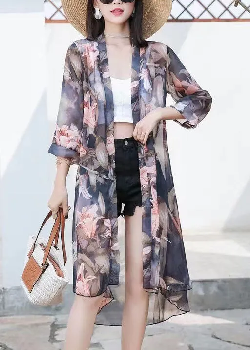 New Black Print Low High Design Chiffon Cardigans Bracelet Sleeve AS1034