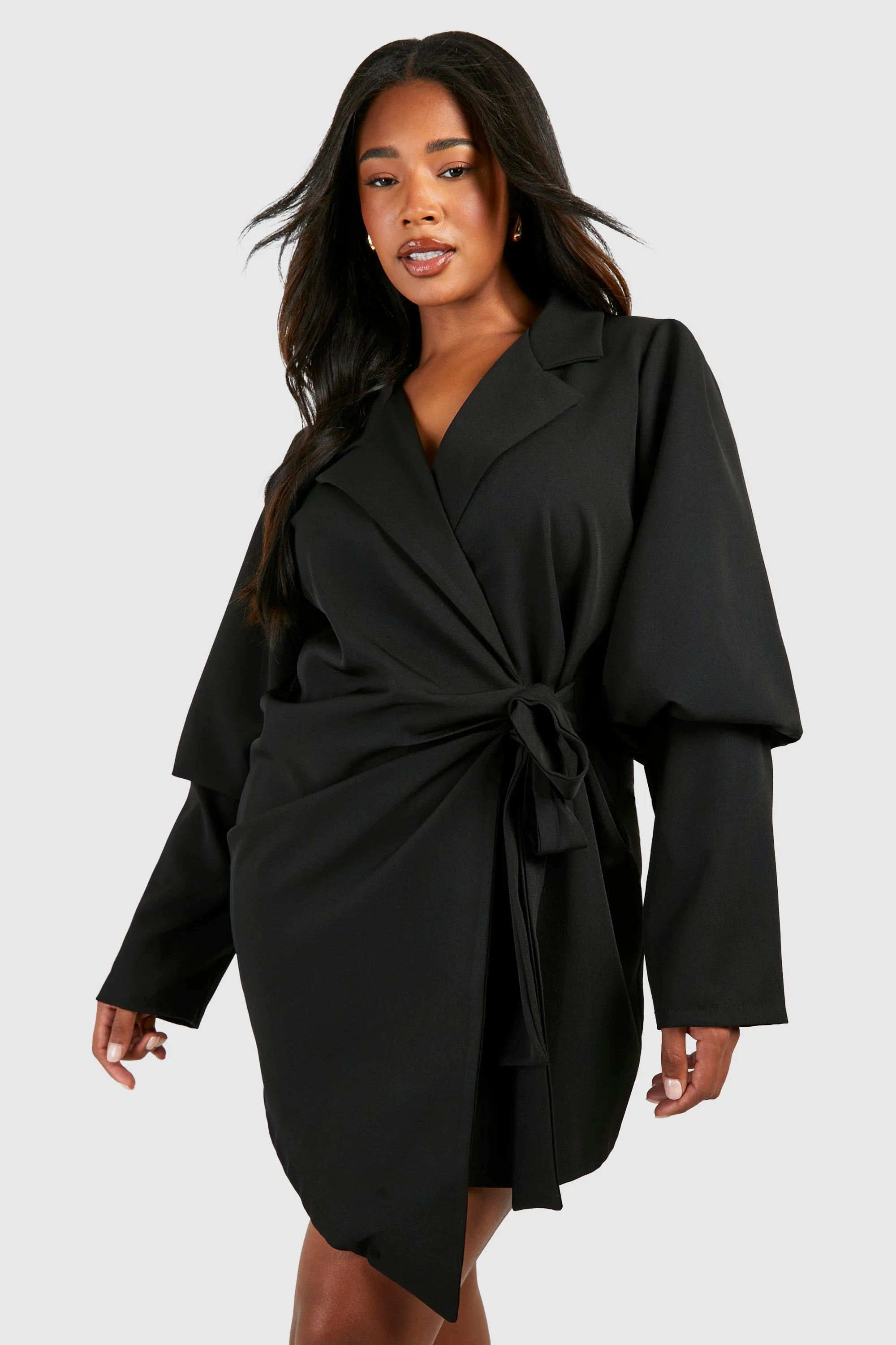 Plus Puff Sleeve Tie Waist Blazer Dress