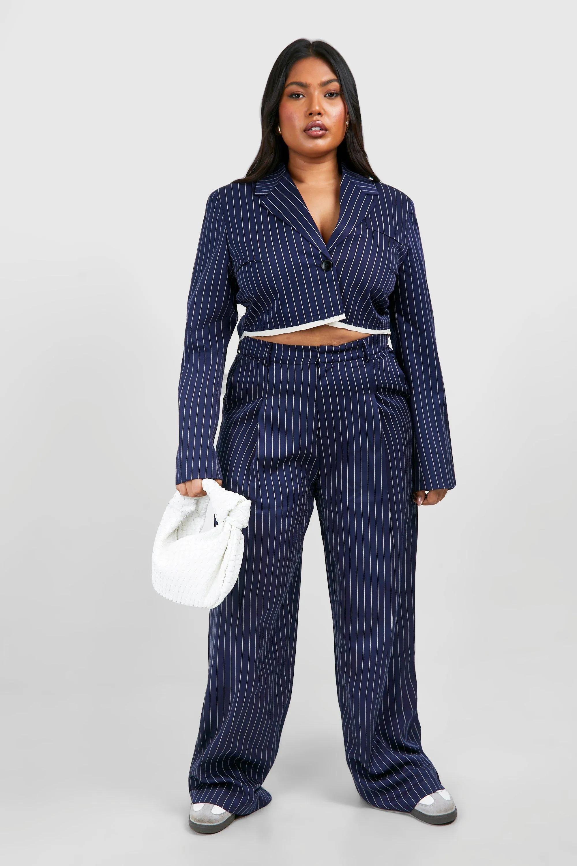 Plus Raw Edge Stripe Cropped Blazer