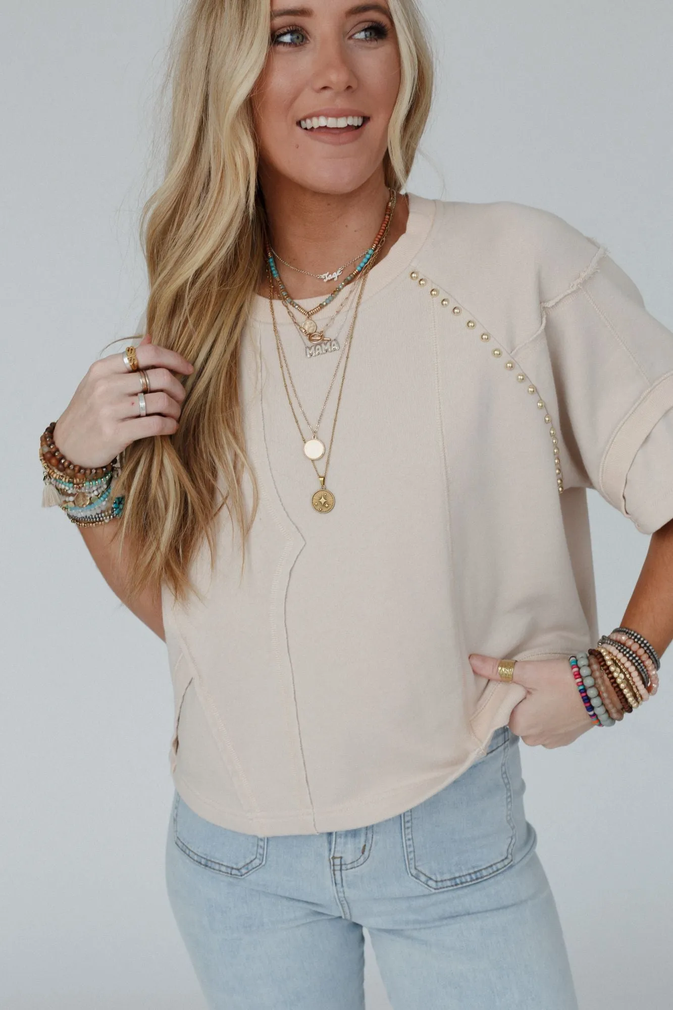 Retro Rivet Top - Beige