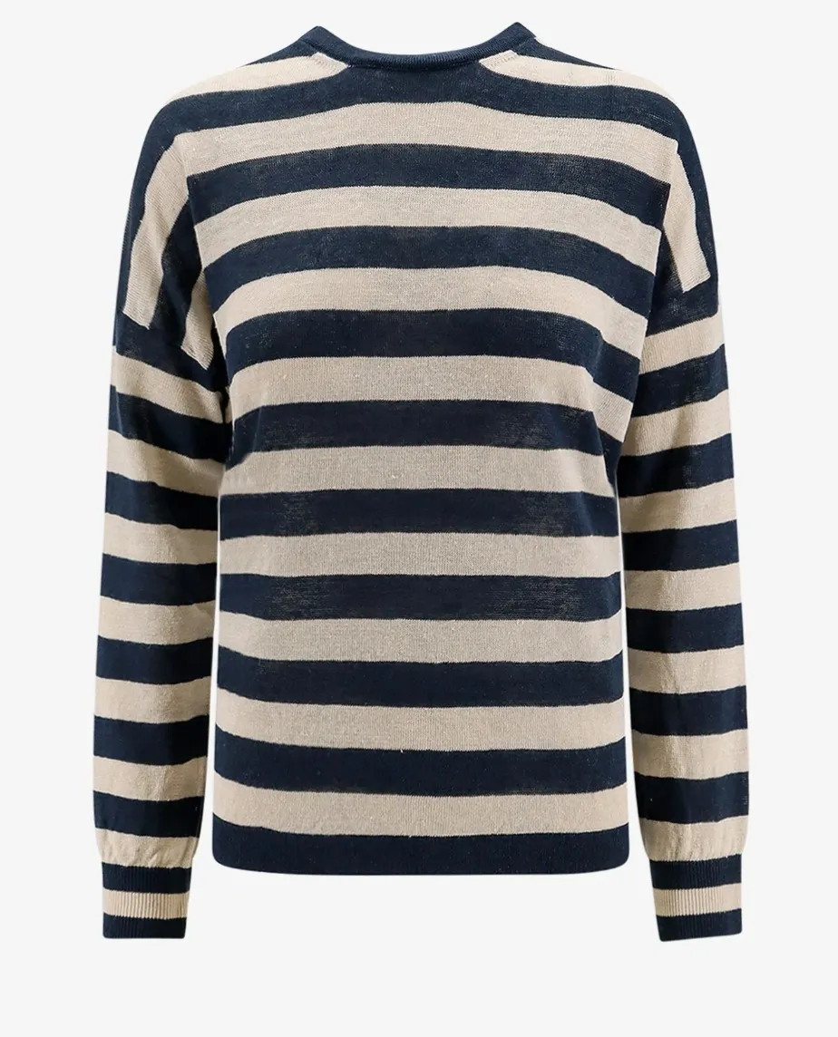 S Max Mara  |Stripes Linen Long Sleeves V-neck & Crew neck