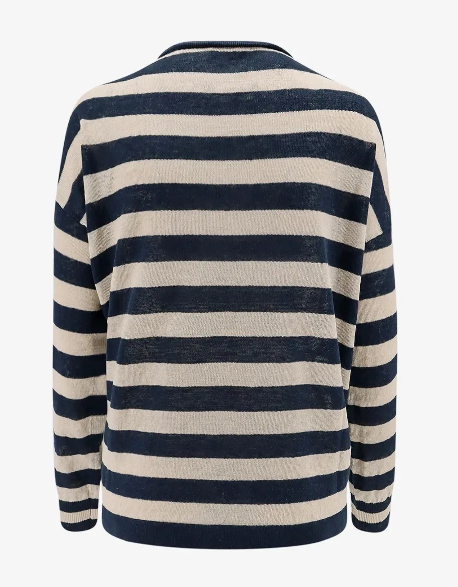 S Max Mara  |Stripes Linen Long Sleeves V-neck & Crew neck