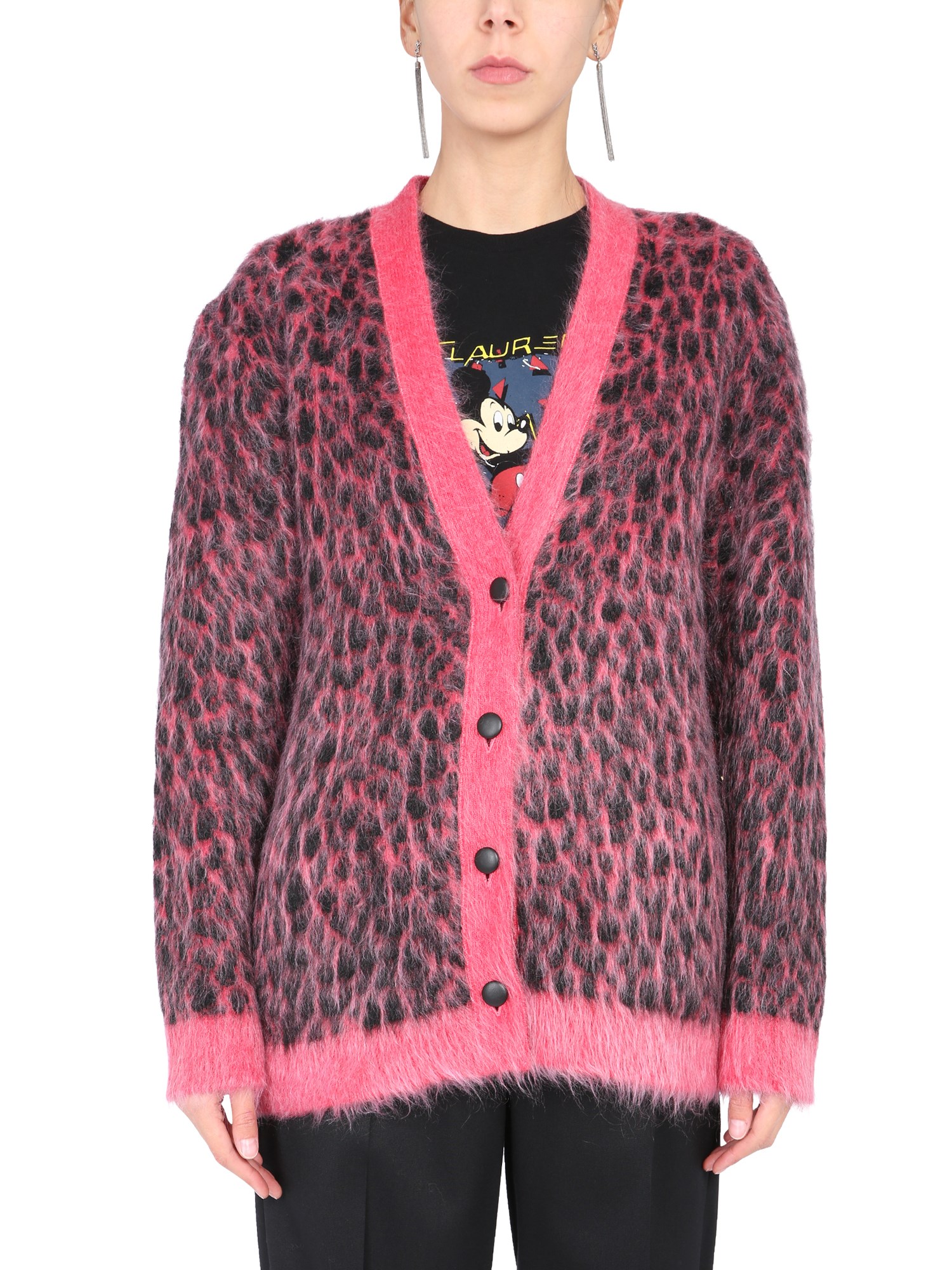 SAINT LAURENT    COMBED WOOL AND MOHAIR LEOPARD JACQUARD CARDIGAN