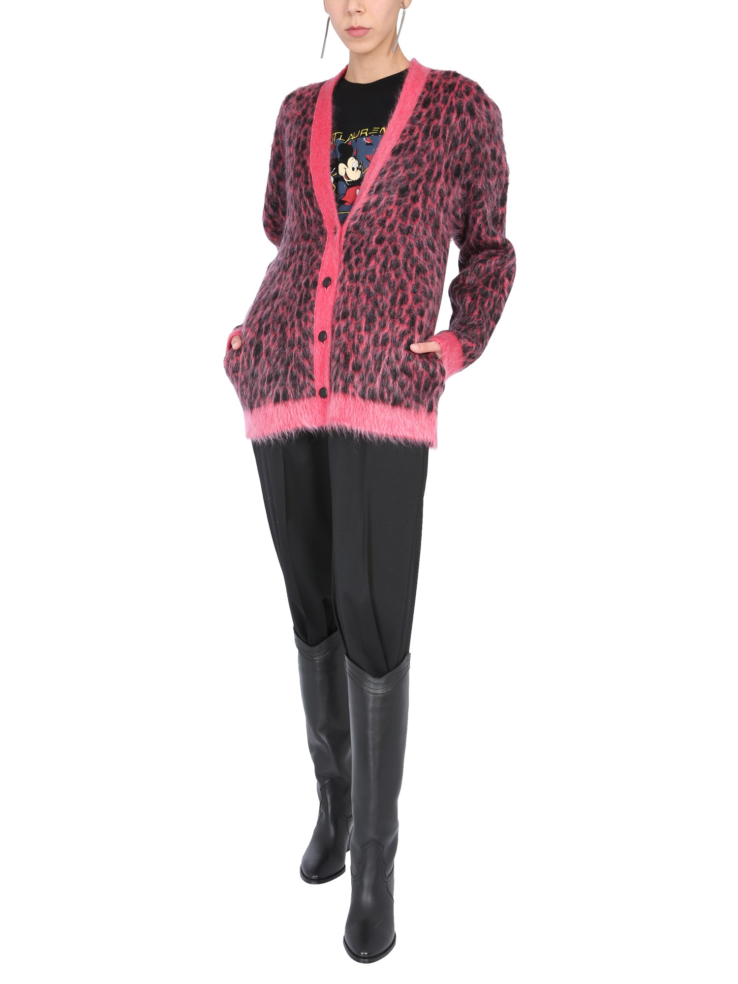 SAINT LAURENT    COMBED WOOL AND MOHAIR LEOPARD JACQUARD CARDIGAN