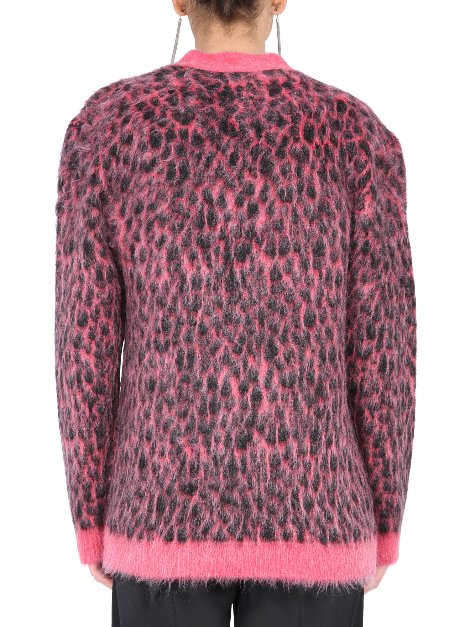 SAINT LAURENT    COMBED WOOL AND MOHAIR LEOPARD JACQUARD CARDIGAN