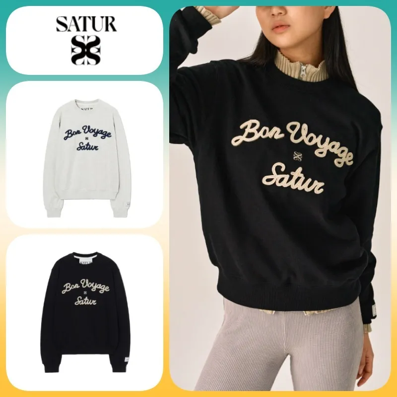 SATUR  |Unisex U-Neck Long Sleeves Cotton Logo Sweatshirts