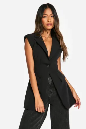 Seam Detail Cinched Waist Fitted Sleeveless Blazer