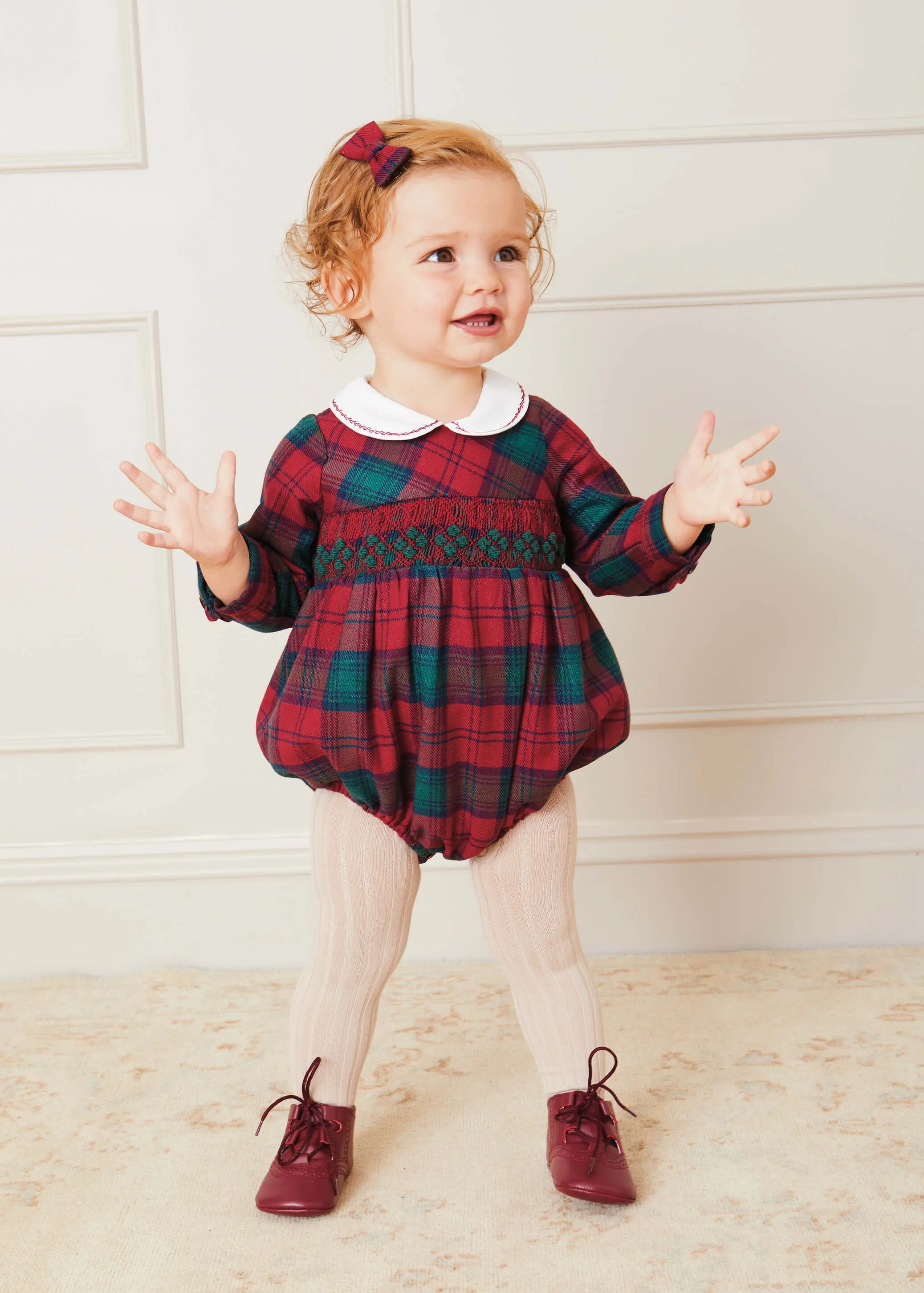 Tartan Handsmocked Peter Pan Collar Romper In Red (6mths-2yrs)