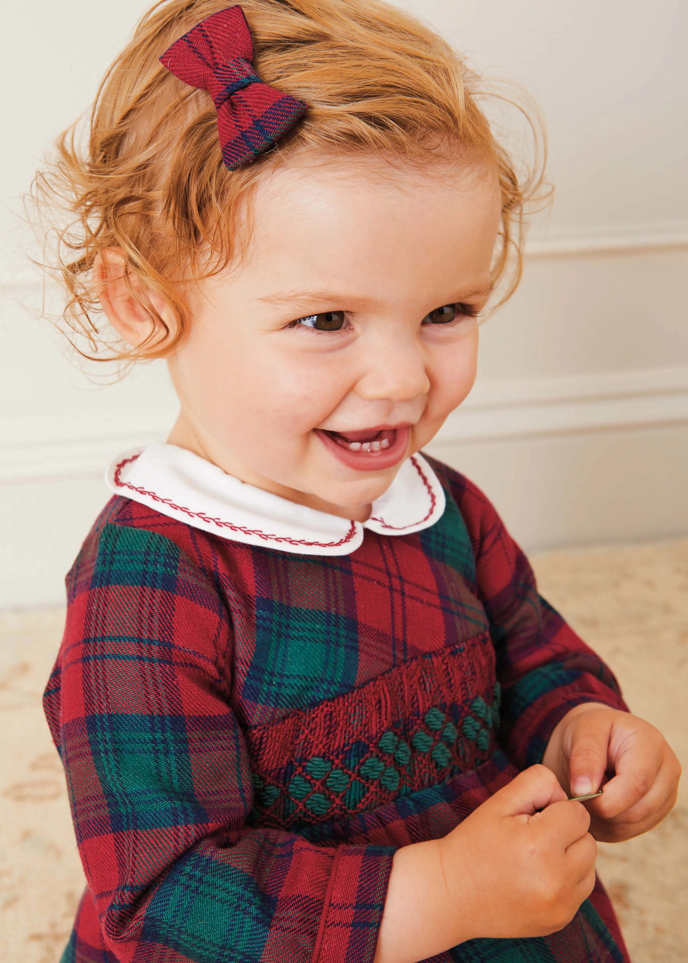 Tartan Handsmocked Peter Pan Collar Romper In Red (6mths-2yrs)